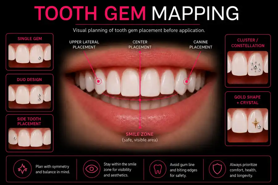 Tooth gem mapping infographic met voorbeelden van plaatsing en smile zone